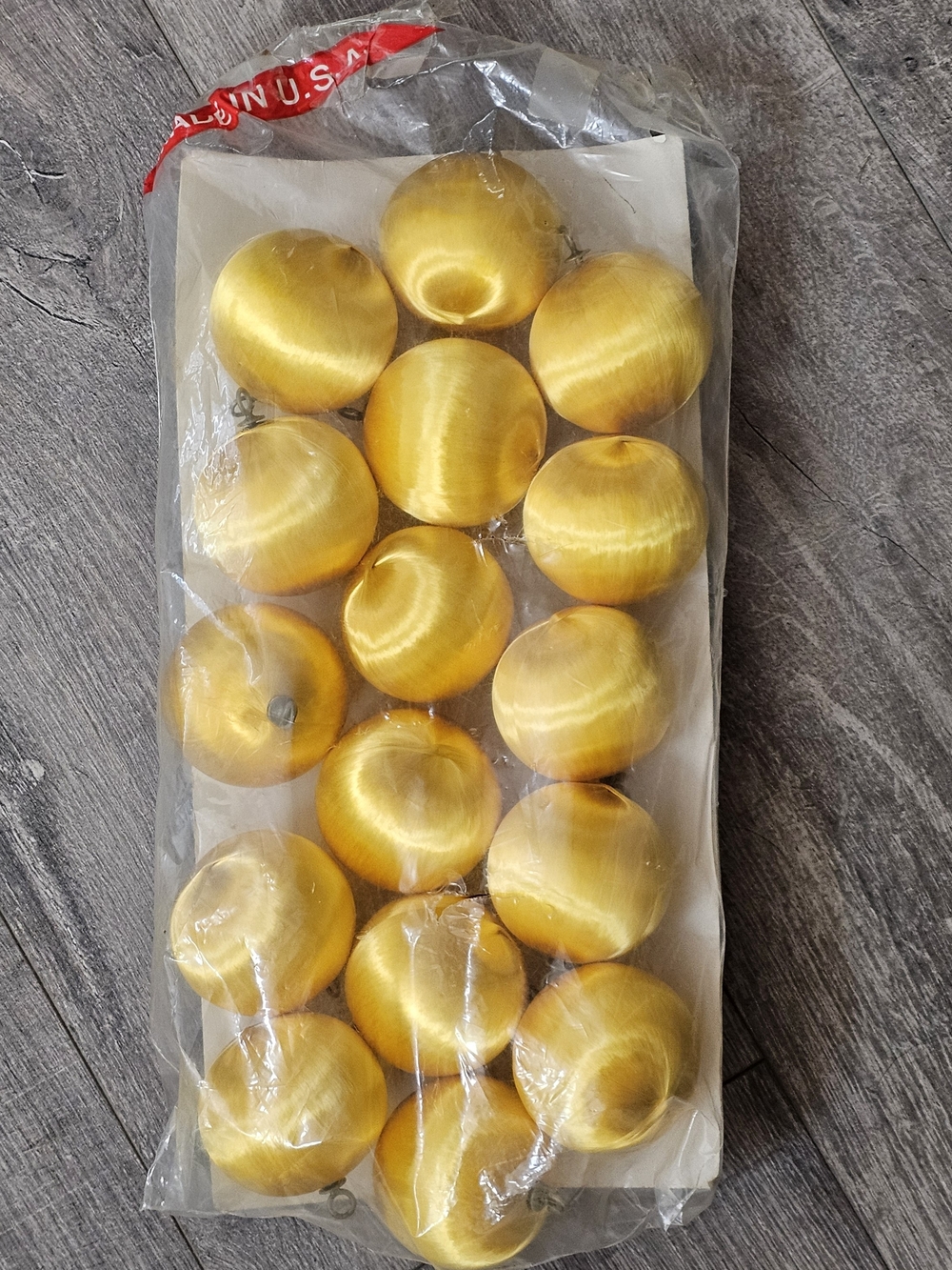 Vtg Mid Century Yellow Gold SATIN Christmas Ornaments - Pack of 16 Made In U.S.A